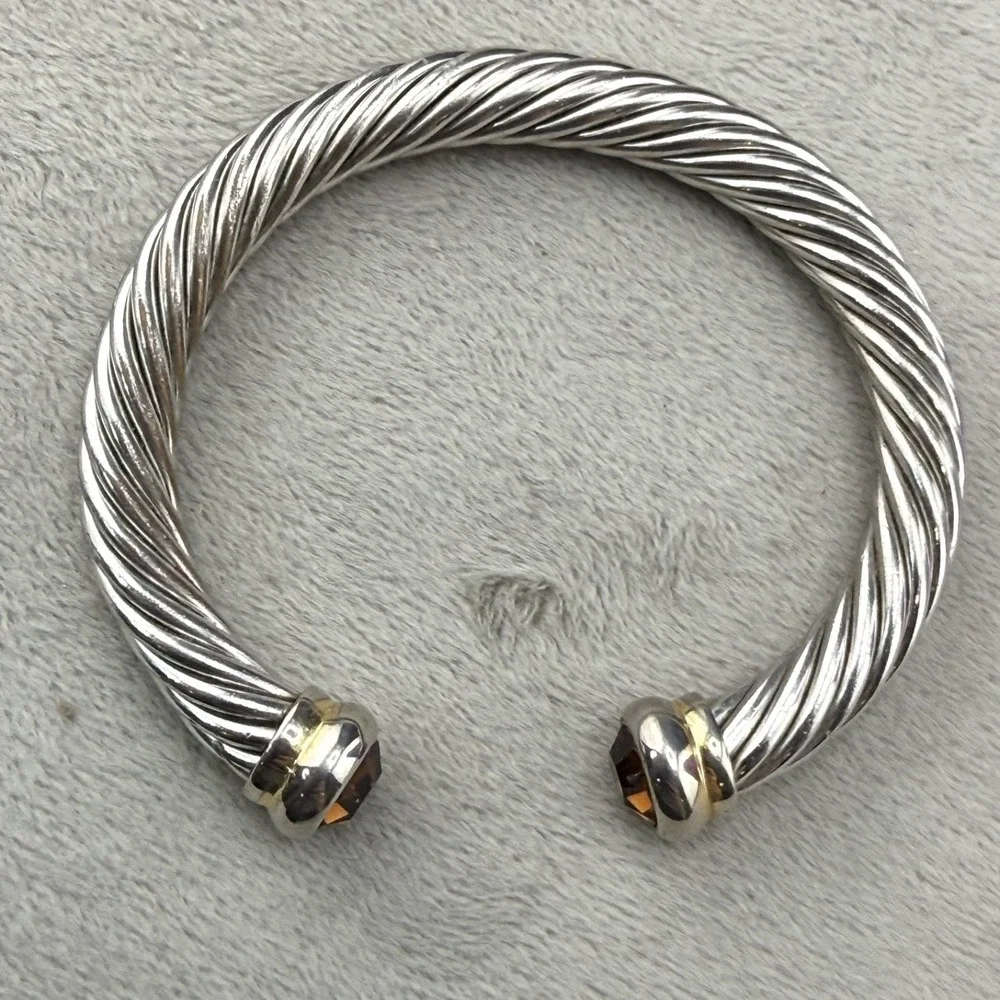 Vintage Cable Cuff Bracelet Silver Tone Orange Rhinestone‎ 6.5